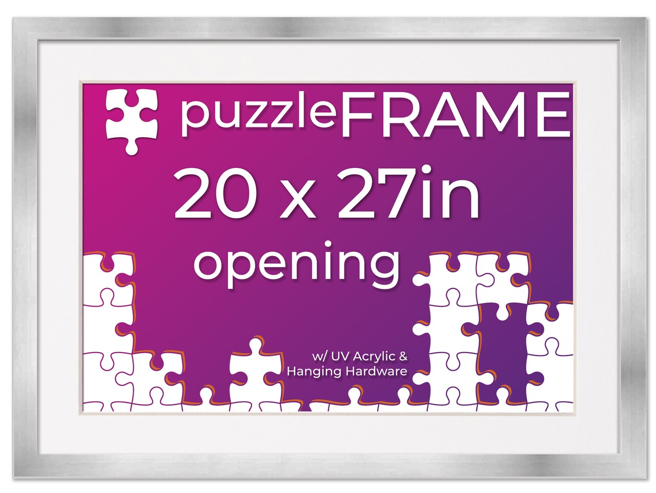 20x27 Jigsaw Puzzle Frame Kit - Kit Includes Puzzle Glue Sheets, Silver Wood Puzzle Frame with White Mat, UV Acrylic, Backing,, Hanging Hardware
